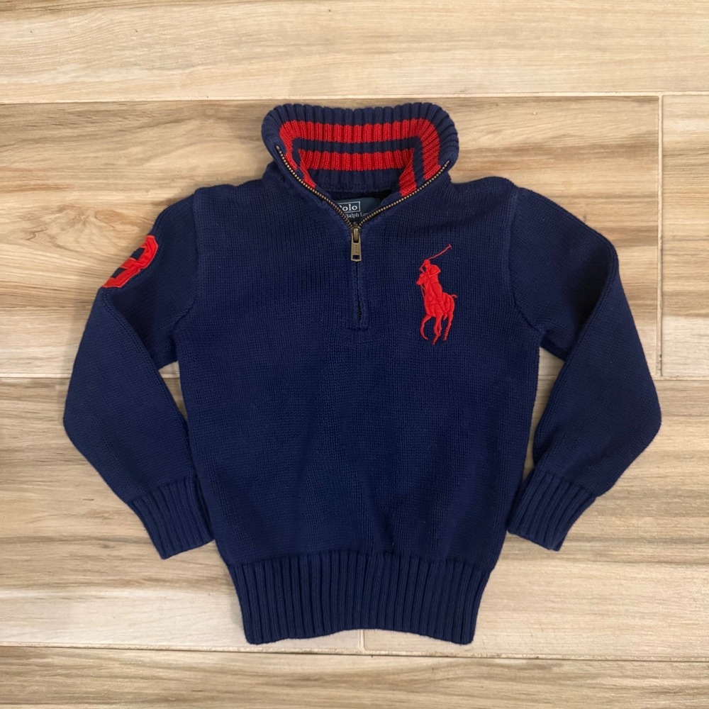 Polo Ralph Lauren Boys Navy Blue Red Big Pony 1/4 Zip Cotton Sweater Size 5